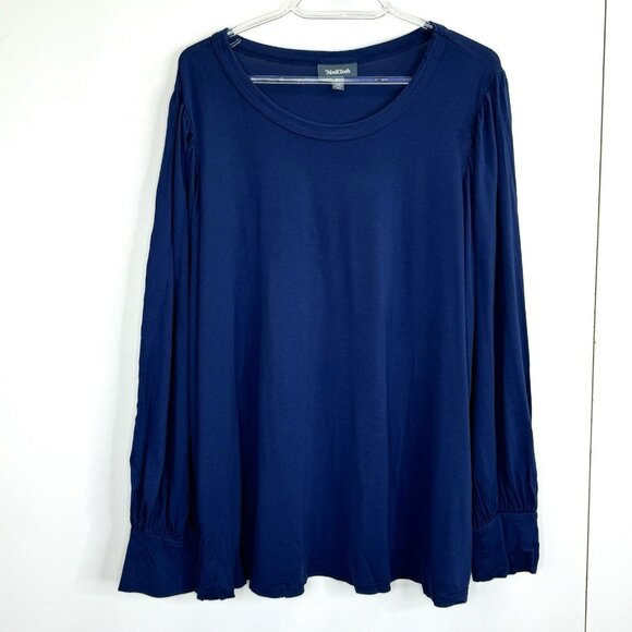 Modcloth Top Womens Plus Size 2X Long Balloon Sleeve Solid Blue Round Neck Shirt - Picture 1 of 5
